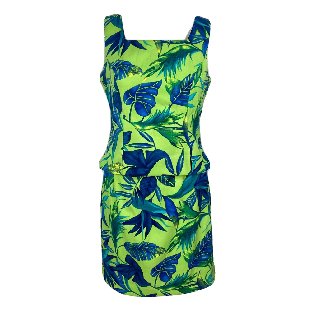John Roberts Dress Set Womens 4P Petite Green Blue Tropical Peplum 2 Pc